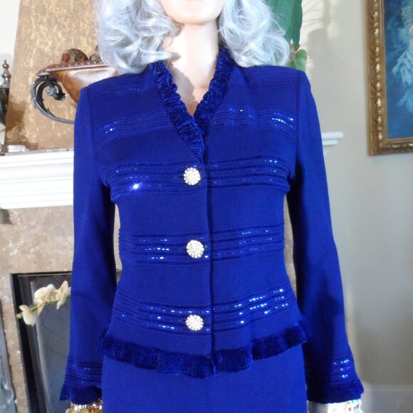 New St. John Evening Royal Blue Knit Skrt Suit w/Pailettes Embellishment Size 2 - Picture 6 of 16